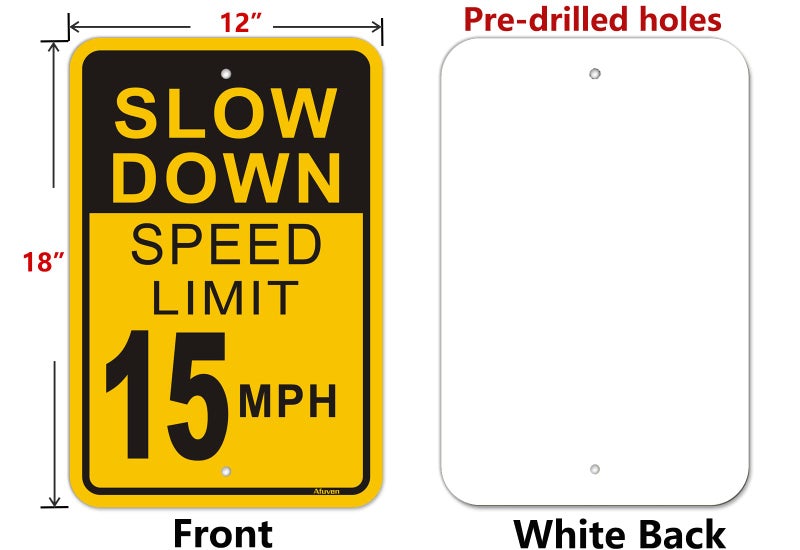 Afuven Slow Down Speed Limit 15 MPH Sign 2 Pack Metal Reflective 15MPH Signs Slow Traffic Signs 12" x 18" Rust Free Aluminum Easy Mounting Outdoor Use Waterproof Sturdy - Image 2